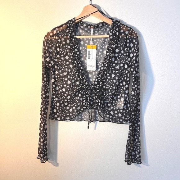 Free People Tops - Free People Star Print Mesh Sheer Long Sleeve Crop Top Blouse XS